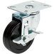 A set of 8 black and silver metal swivel plate casters.