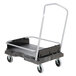 A black Rubbermaid ice tote cart with metal handles.