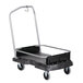A black Rubbermaid cart with wheels and a handle.