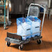 A Rubbermaid cart with two blue Rubbermaid ice totes on it.