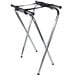A chrome-plated metal Tablecraft tray stand with black straps and two legs.