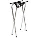 A Tablecraft chrome-plated metal tray stand with a pair of metal legs.