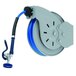A T&S wall mounted hose reel with a blue hose.