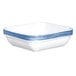 An Arcoroc stackable square bowl with blue stripes.
