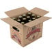A cardboard box with brown Reading Soda Works Sarsaparilla bottles inside.