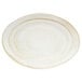 An off white melamine oval serving dish with a gold rim.