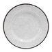 A close-up of a white Elite Global Solutions melamine plate with a brown rim.