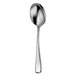 A close-up of a Oneida Perimeter stainless steel soup spoon with a silver handle.