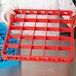 A person holding a red plastic tray with holes.