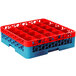 A red plastic Carlisle glass rack extender with 25 compartments.