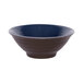 A close-up of an Elite Global Solutions Durango melamine bowl with a blue base and dark brown rim.