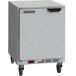 A Beverage-Air undercounter freezer with a left hinged door on wheels.