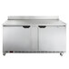 A Beverage-Air stainless steel worktop freezer with two doors.
