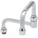 A chrome T&S faucet nozzle with double joint swing arms.