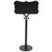 A black metal Tablecraft menu / card holder with a stand holding a black sign.
