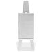 A silver stainless steel easel with a white rectangular card holder.