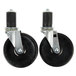 A pair of Advance Tabco TA-25 equivalent casters with black rubber wheels and metal plates.