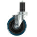 An Advance Tabco heavy duty stem caster with a black wheel and black rubber tire and a blue brake handle.