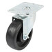 A 4" black and silver swivel plate caster with a metal wheel.