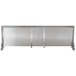 A stainless steel Vulcan high shelf with metal brackets and a metal board with holes.
