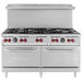A large stainless steel Vulcan gas range with 10 burners and 2 ovens.