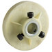 A white plastic wheel with two black nuts and a metal screw.