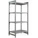 A grey plastic Cambro Camshelving Premium shelving unit with 4 vented shelves.
