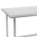 A close-up of a stainless steel open base work table.