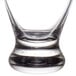 A close up of a Libbey Cosmopolitan wine glass with a black rim.