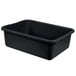 A black plastic Cambro bus tub with a ribbed bottom.