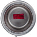 A stainless steel bowl with a red sticker with black text.