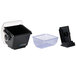 A black plastic holder with a clear dome covering a clear plastic container.