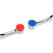 A pair of metal Advance Tabco wrist handles with red and blue buttons.