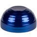 A cobalt blue metal serving bowl with a lid on top.