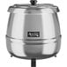 An Avantco stainless steel soup kettle with a black lid.