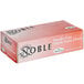 A pink box of Noble Powder-Free Disposable Nitrile Gloves with black text.