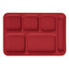 A cranberry red rectangular tray with six compartments, each with a white border.