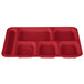 A red Cambro co-polymer serving tray with six compartments.