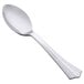 A close-up of a WNA Comet stainless steel look plastic spoon with a handle on a white background.