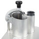 A stainless steel Robot Coupe CL50 continuous feed food processor container with a black handle.