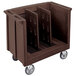 A dark brown plastic Cambro dish cart with wheels.