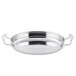 A silver Vollrath oval au gratin dish with handles.