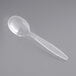 A Visions clear plastic soup spoon with a spoon handle.