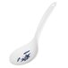 A white spoon with a blue flower design.