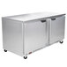 A stainless steel Beverage-Air worktop freezer with two doors on wheels.