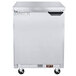 A stainless steel Beverage-Air worktop freezer with a flat top and left-hinged door on wheels.