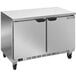 A silver stainless steel Beverage-Air worktop refrigerator with two doors.