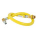 A yellow T&S Safe-T-Link gas hose with metal fittings and a white label.