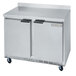A stainless steel Beverage-Air worktop refrigerator with two doors.