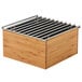 A wooden bamboo box with a metal wire grate inside.